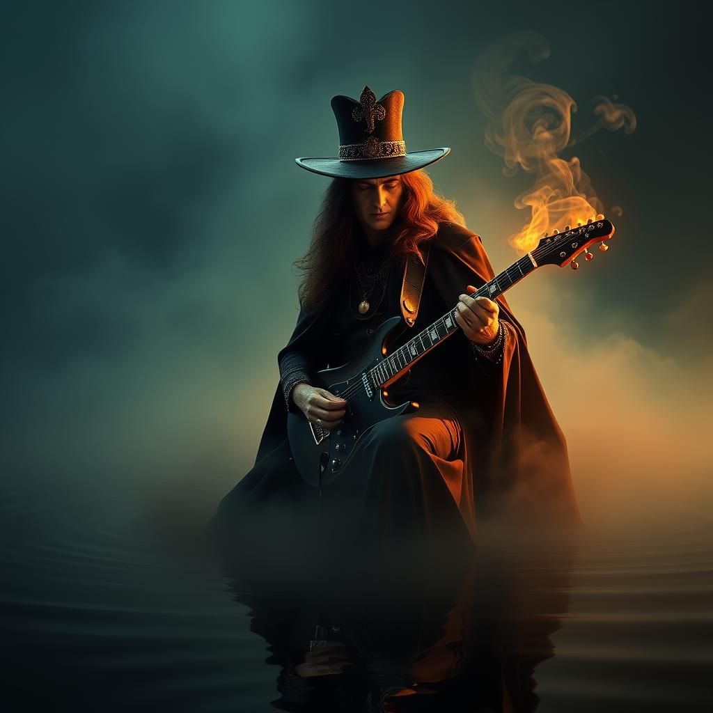 Mystical Guitarist Plays on Misty Lake