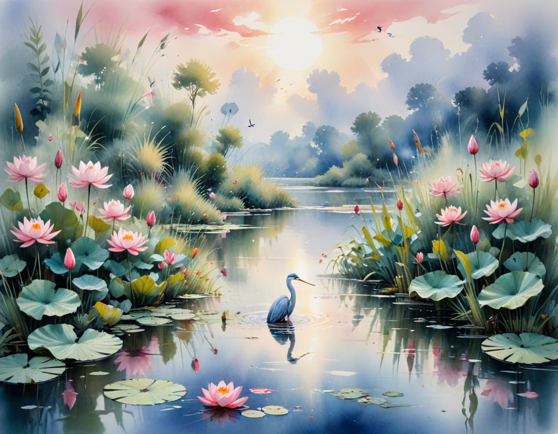 Tranquil Pond with Lotus Flowers in Watercolor Style