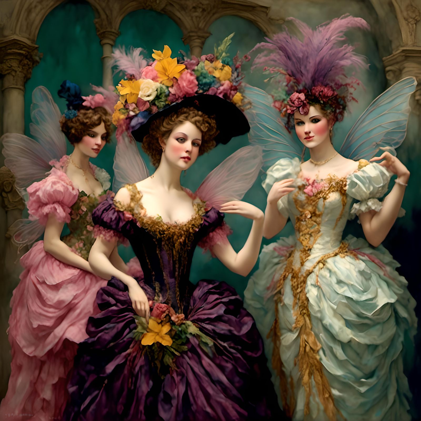 <lora:Pink Snow WaterCol 1:1.0> Beautiful fantasy fairies,  19th century Mardi gras masquerade ball