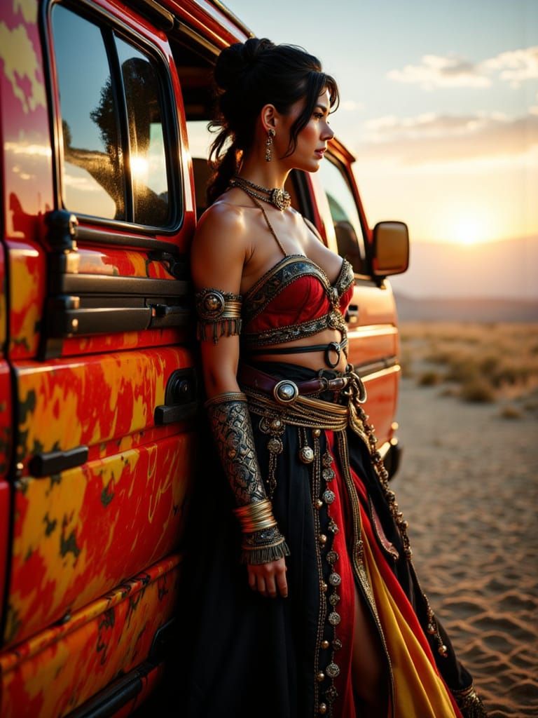 Warrior woman in a van