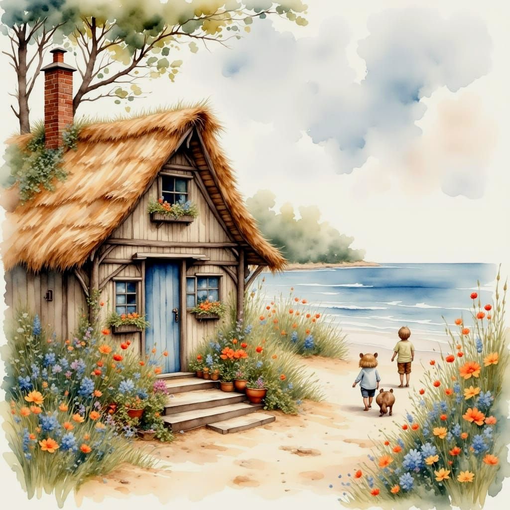 Cozy Beachside Cottage Scene in Watercolor Style
