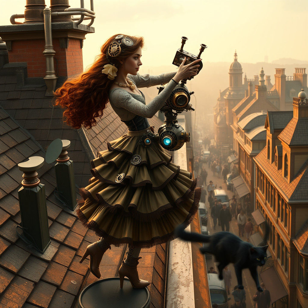 Steampunk Girl Dances Atop Victorian Rooftop
