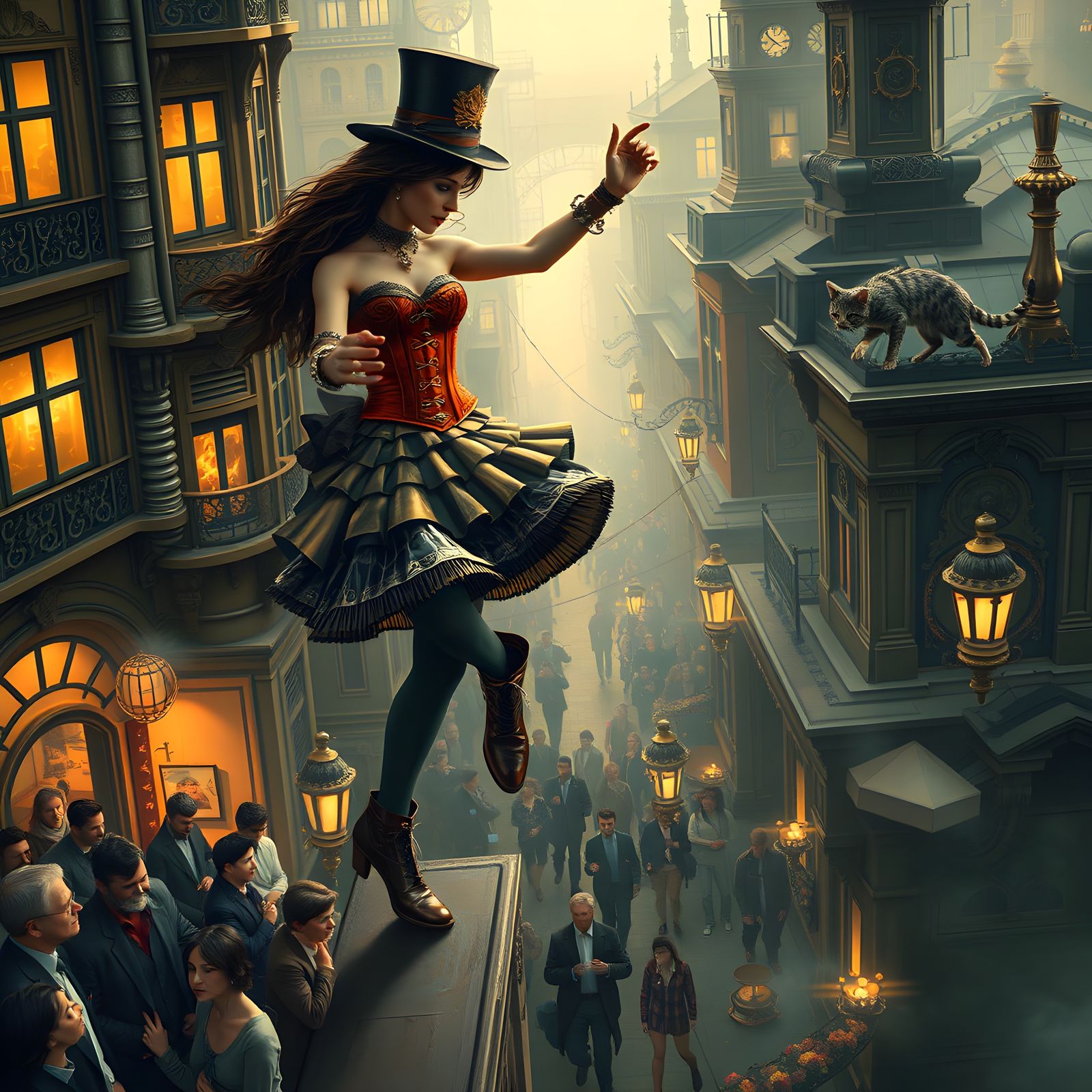 Steampunk Girl Dancing on Victorian Rooftop