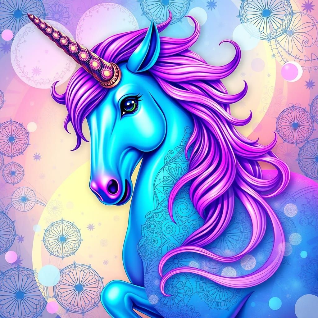 Iridescent Unicorn in Abstract Fractal Landscape