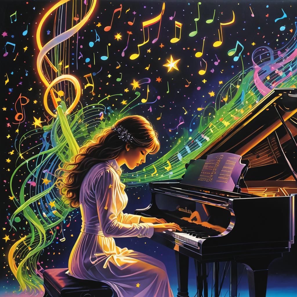 UV Neon Pianist in Vaporwave Style