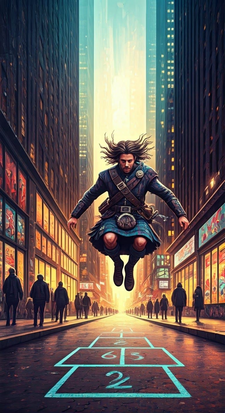 Highlander Plays Hopscotch in Vibrant Cityscape