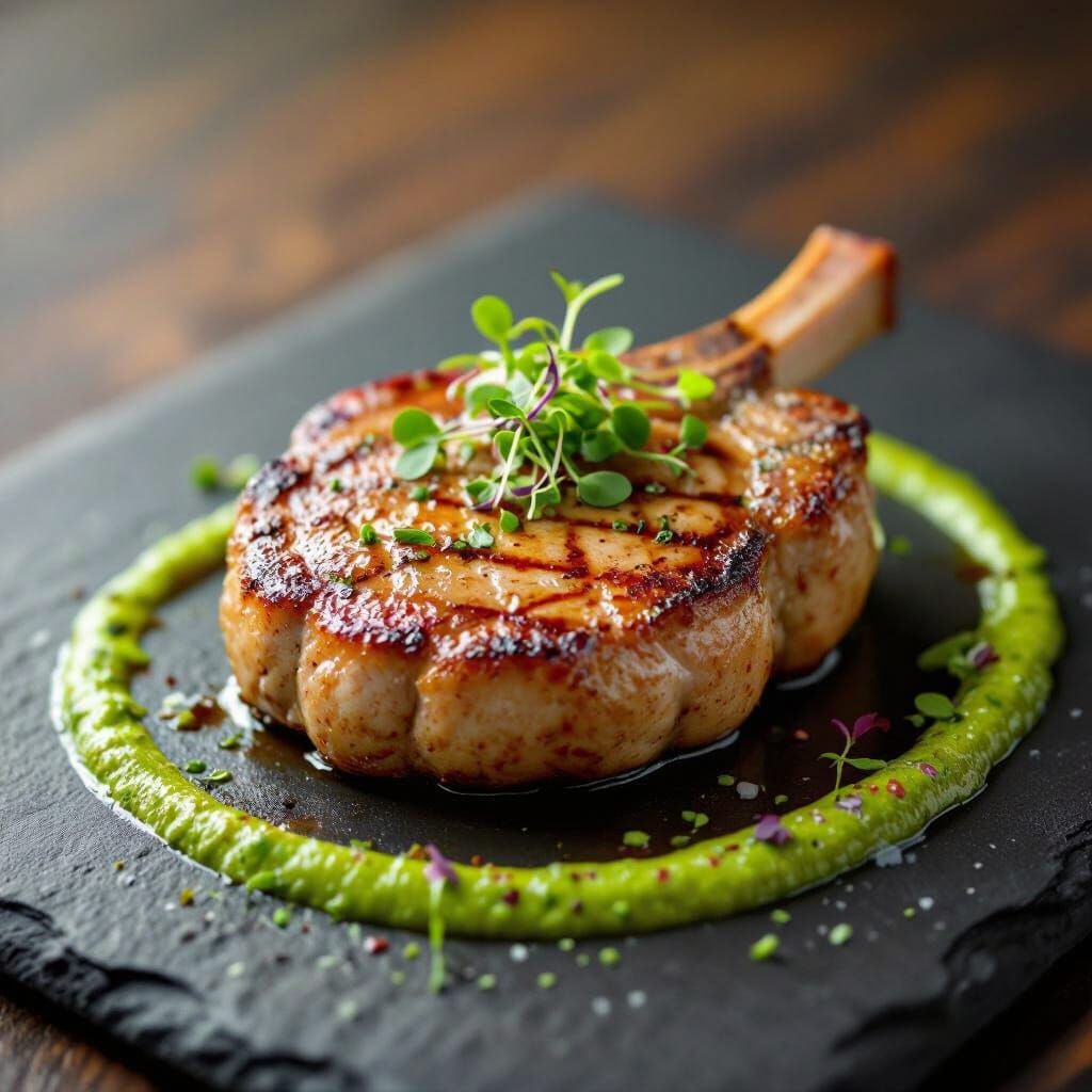 Modern Pork Chop Plating with Herb Puree