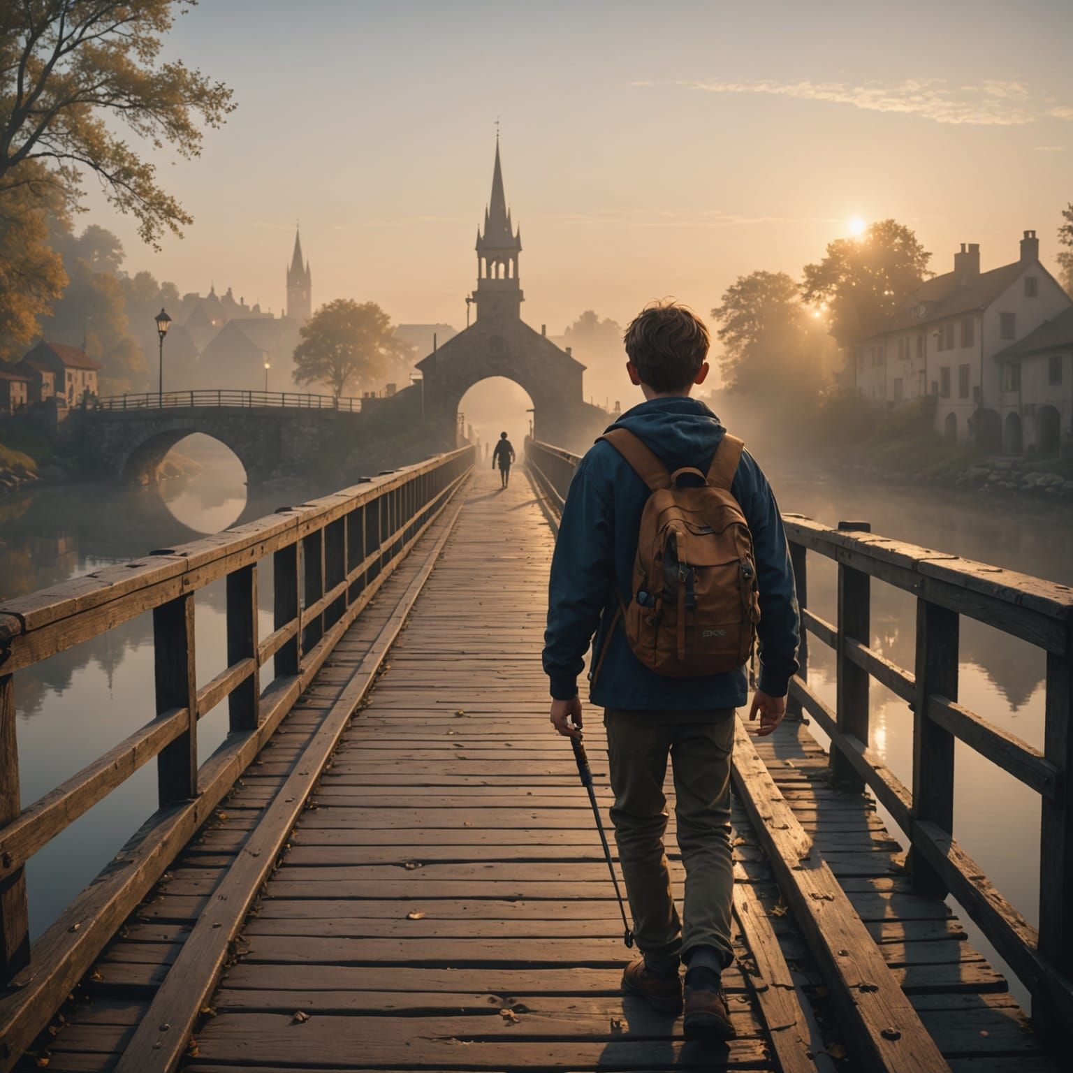 Boy Crosses Misty Bridge at Sunrise