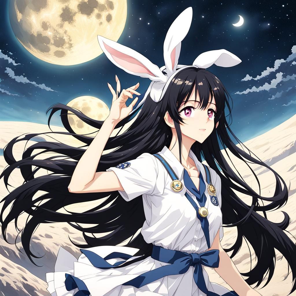 Anime Girl with Bunny Ears on the Moon