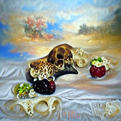 Still Life with Fruit and Skulls in Thick Oil