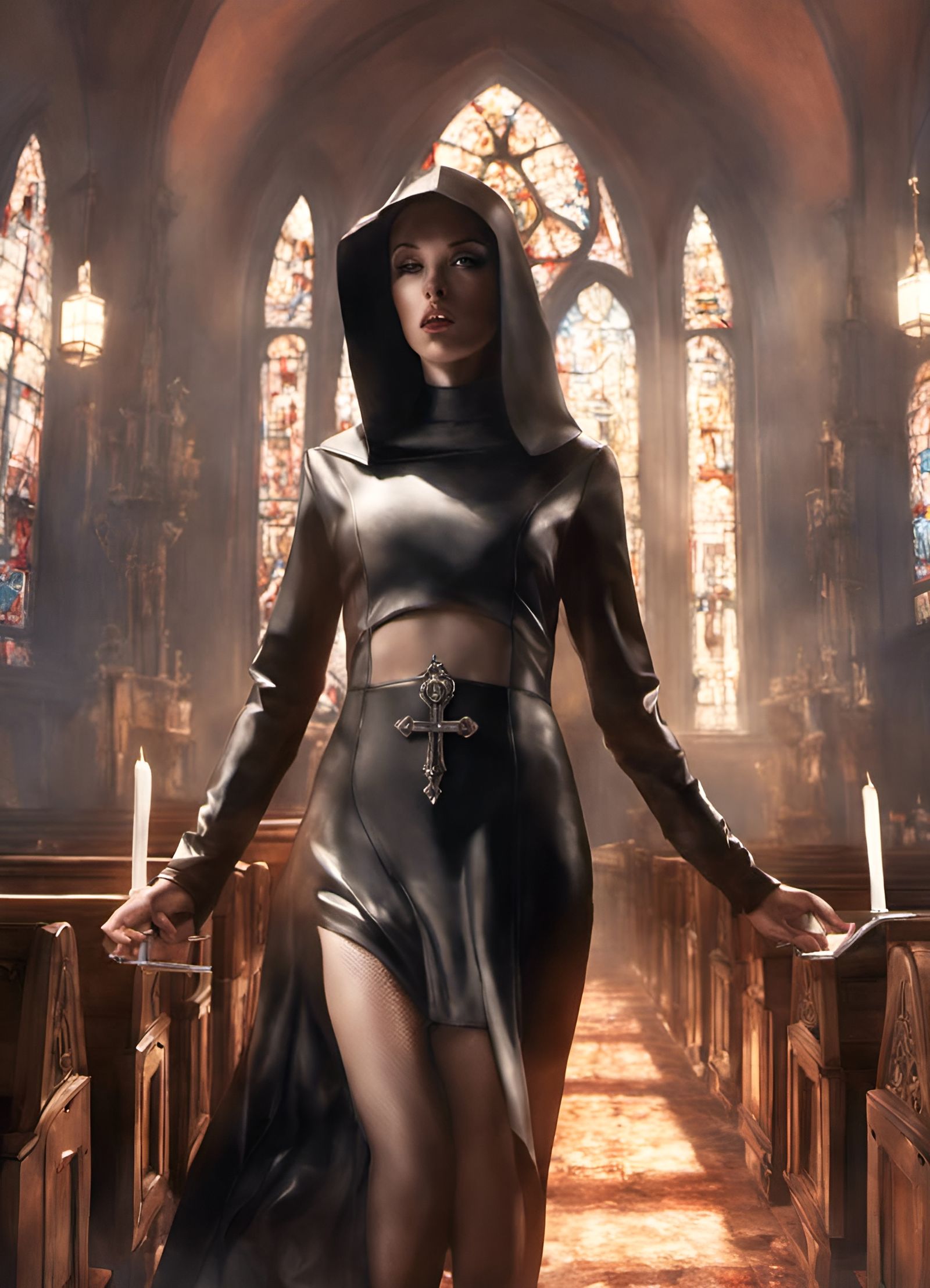Provocative Devil Girl in Nun Costume, Hyperrealistic Art