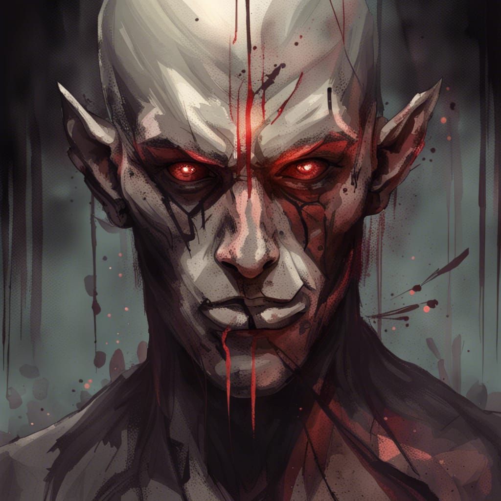 Anime Demon Slayer with Red Eyes in Gouache Art