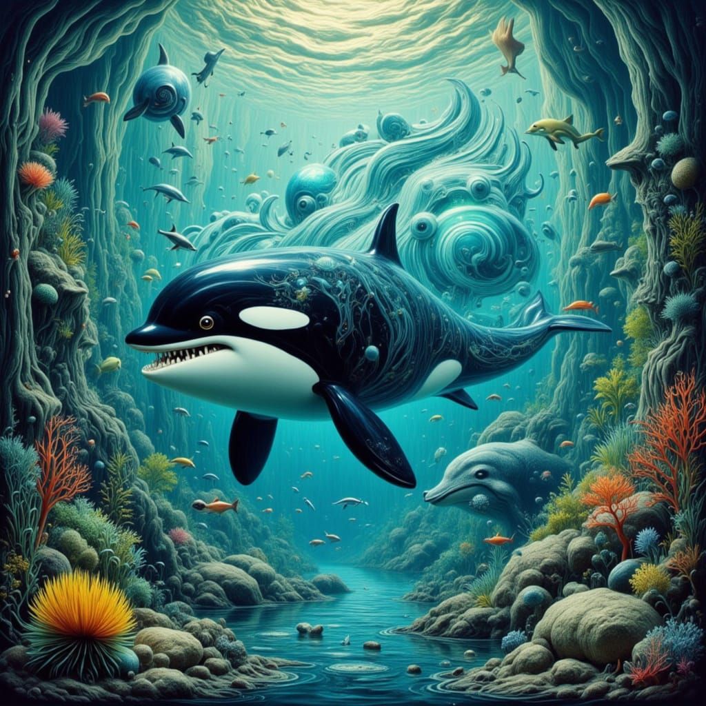 Hyper-Realistic Aquatic Hologram: Orca in Triadic Colors