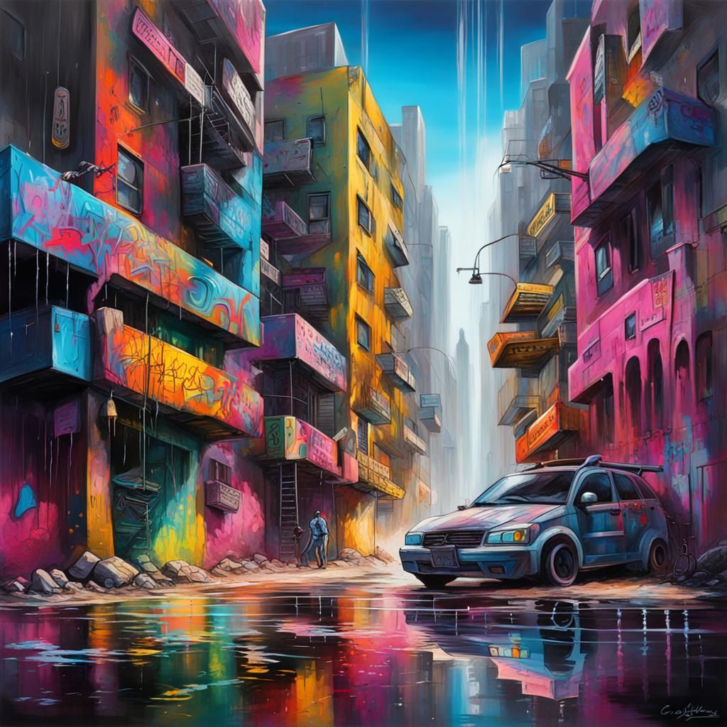 Colorful Cyber City Graffiti Art