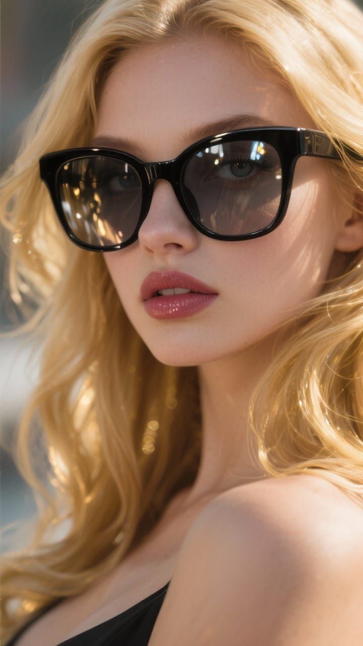 Close-Up Portrait of a Beautiful Blonde Woman with Oversized...