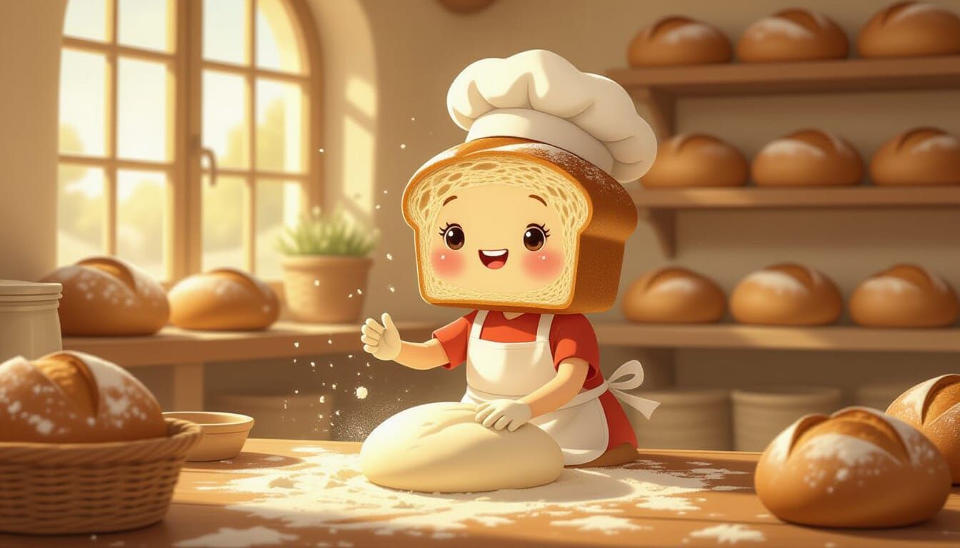 Whimsical Bread Baker Character in Rustic Bakery
