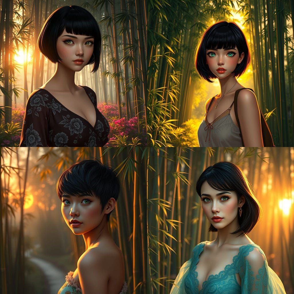 Ethereal Fantasy Maiden in Bambu Forest at Sunset