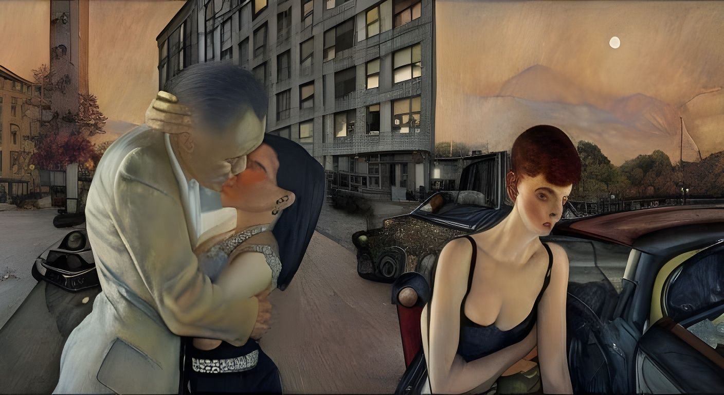 Lovers Embrace on Moonlit Street, Hyperrealistic Solarpunk A...