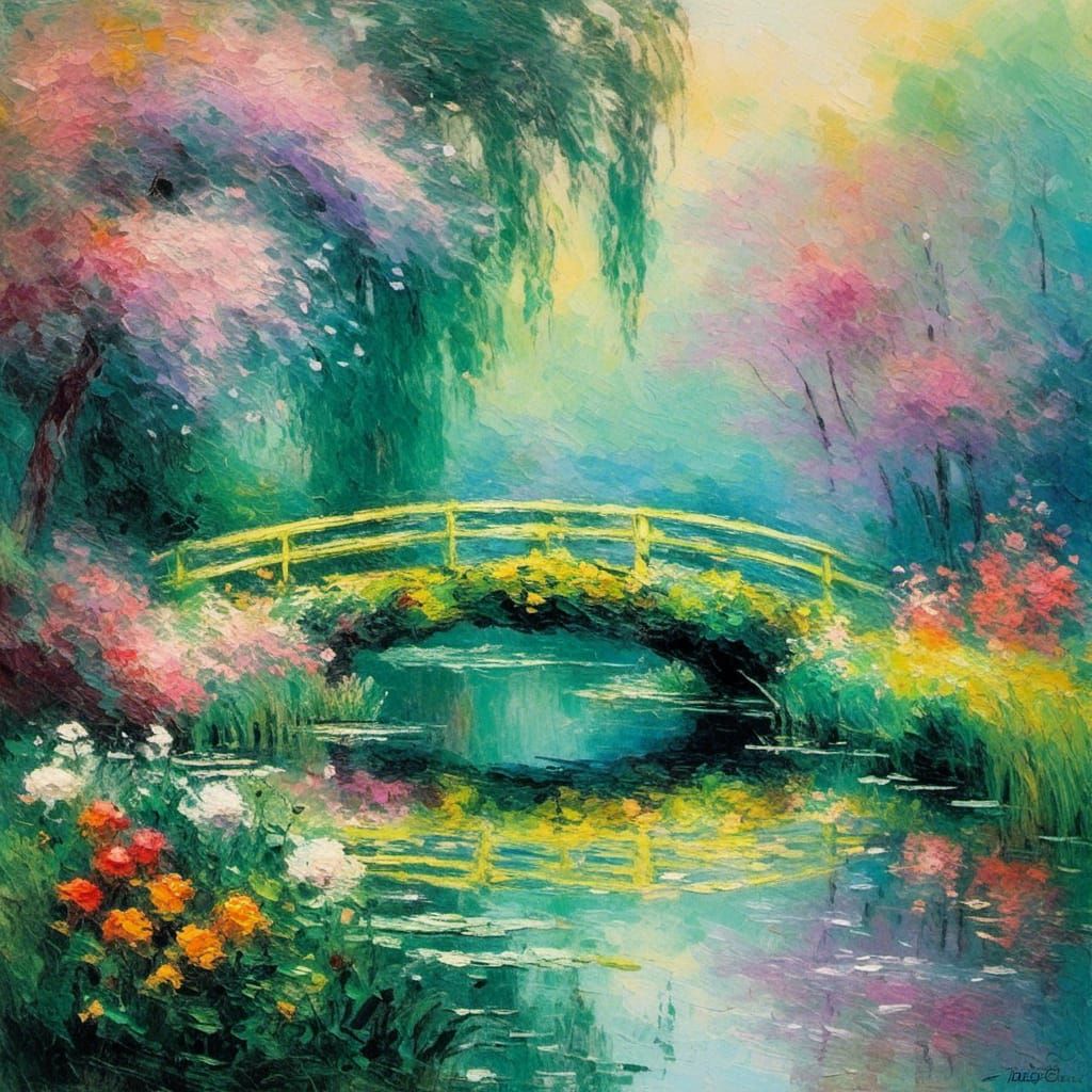Giverny Garden Japanese Bridge in Impasto Style