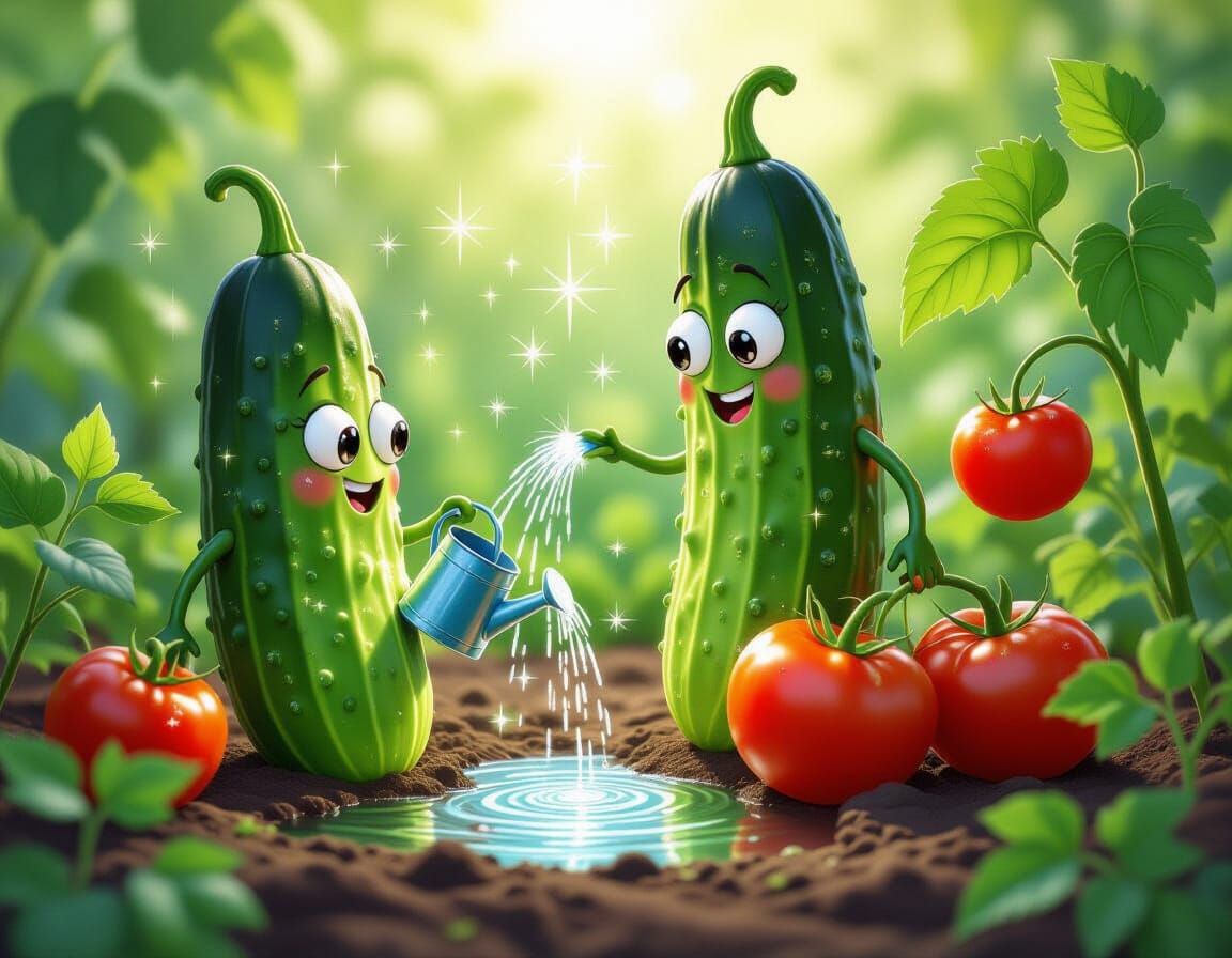 Magical Glowing Vegetables Watering Each Other in Garden