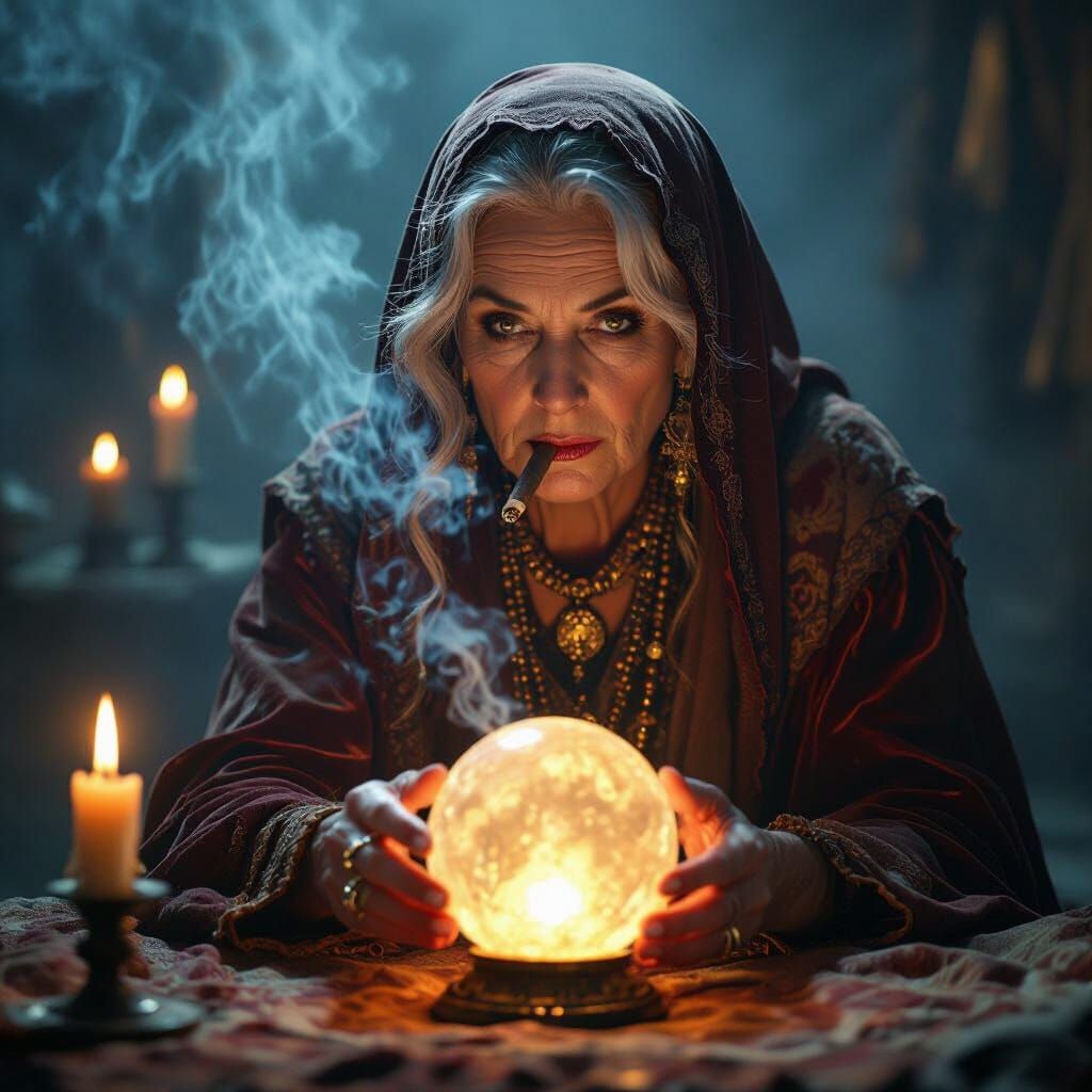 Gypsy Woman Gazes into Crystal Ball with Cigar