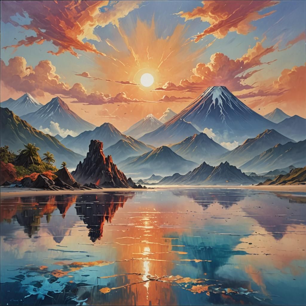Volcanic Sunset Beach in Hyperrealistic Digital Art