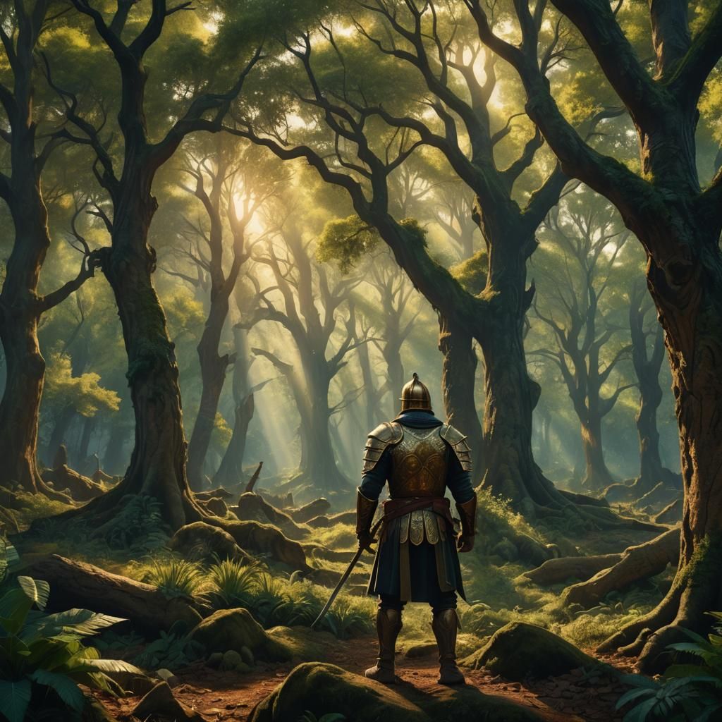 Victorious Warrior in Lush Forest: Cinematic Matte Painting