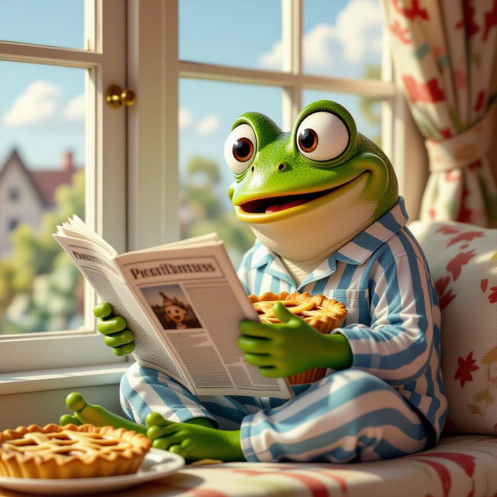 Surprised Frog Reading Newspaper, Pixar Style