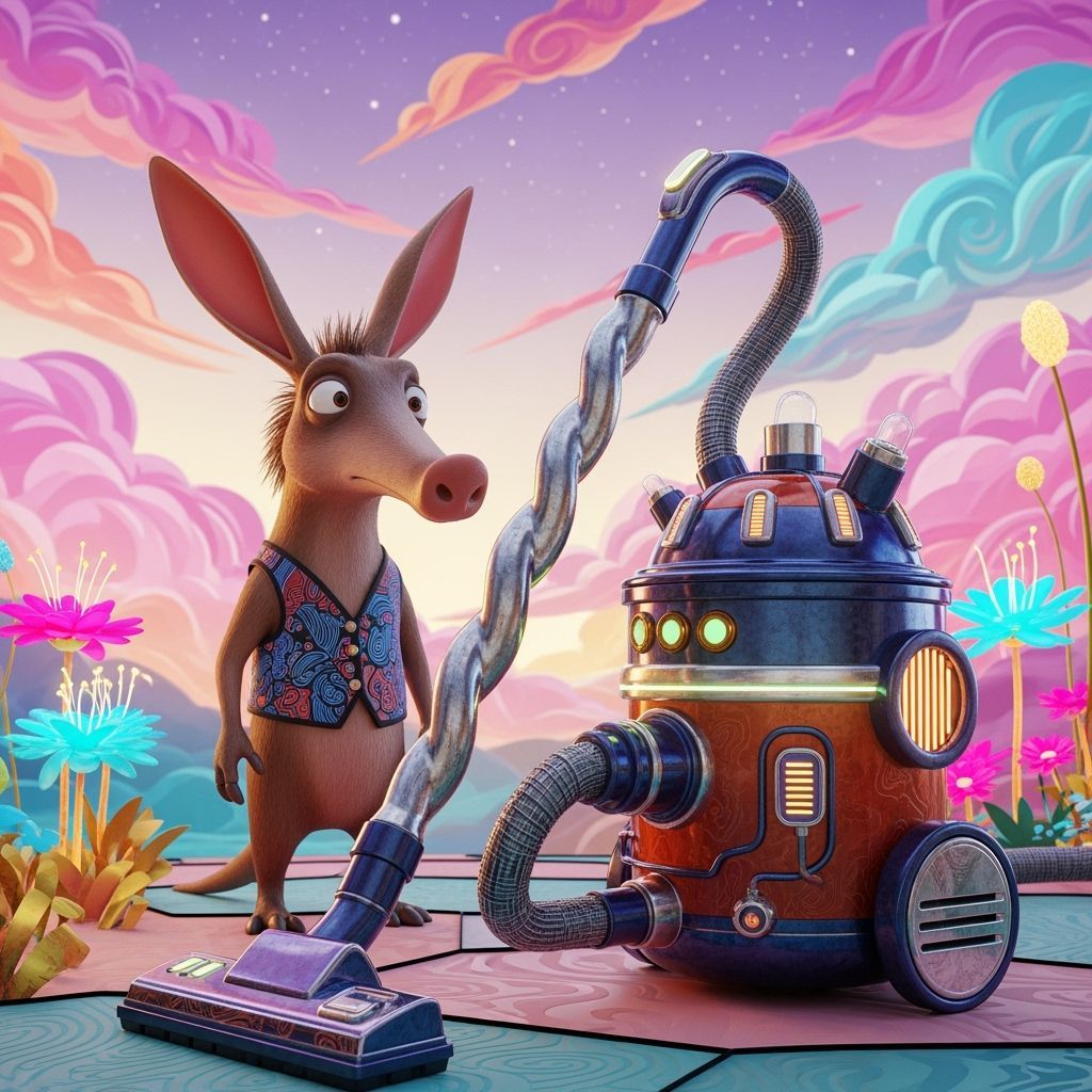 Cartoon Aardvark Meets Retro-Futuristic Vacuum Cleaner