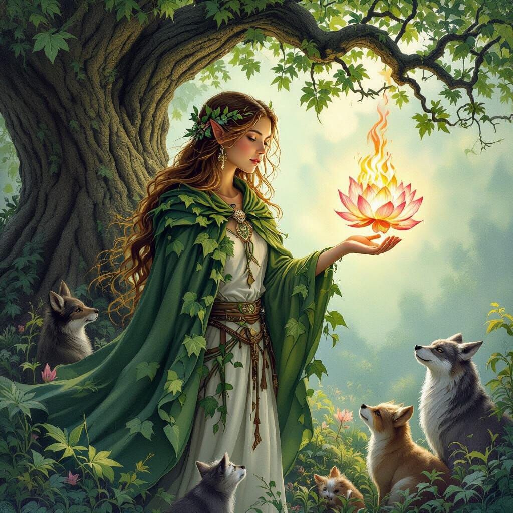 Druidess and Blooming Lotus: D&D Art in Easley Style