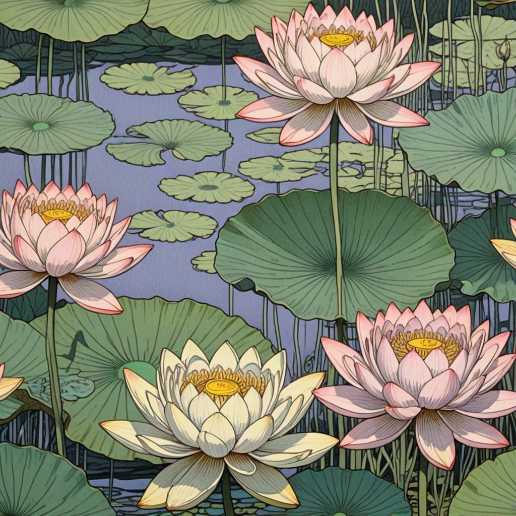 Lotus Flowers in Whimsical Art Nouveau and Manga Style