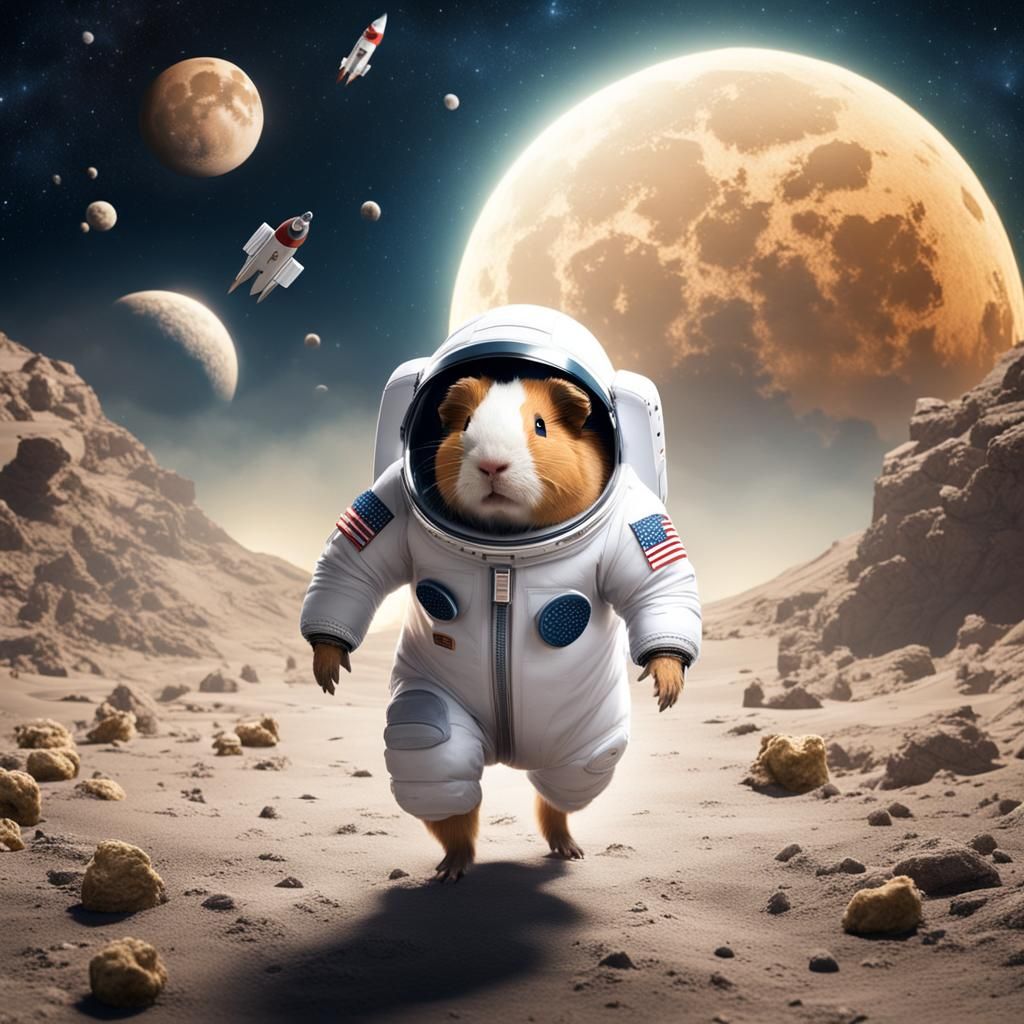 Astronaut Guinea Pig Moonwalk: Detailed Matte Painting
