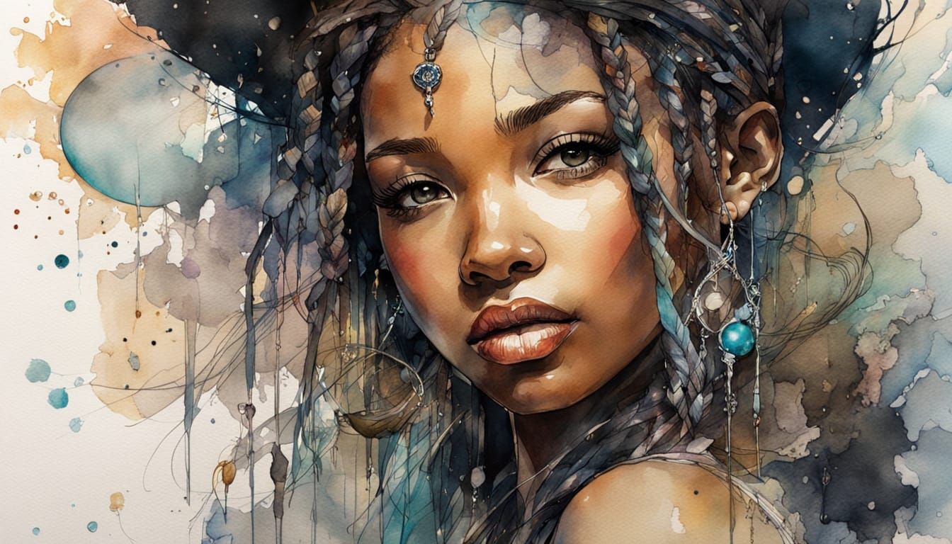 Moonlit Black Woman in Silver Gown, Chibi Style