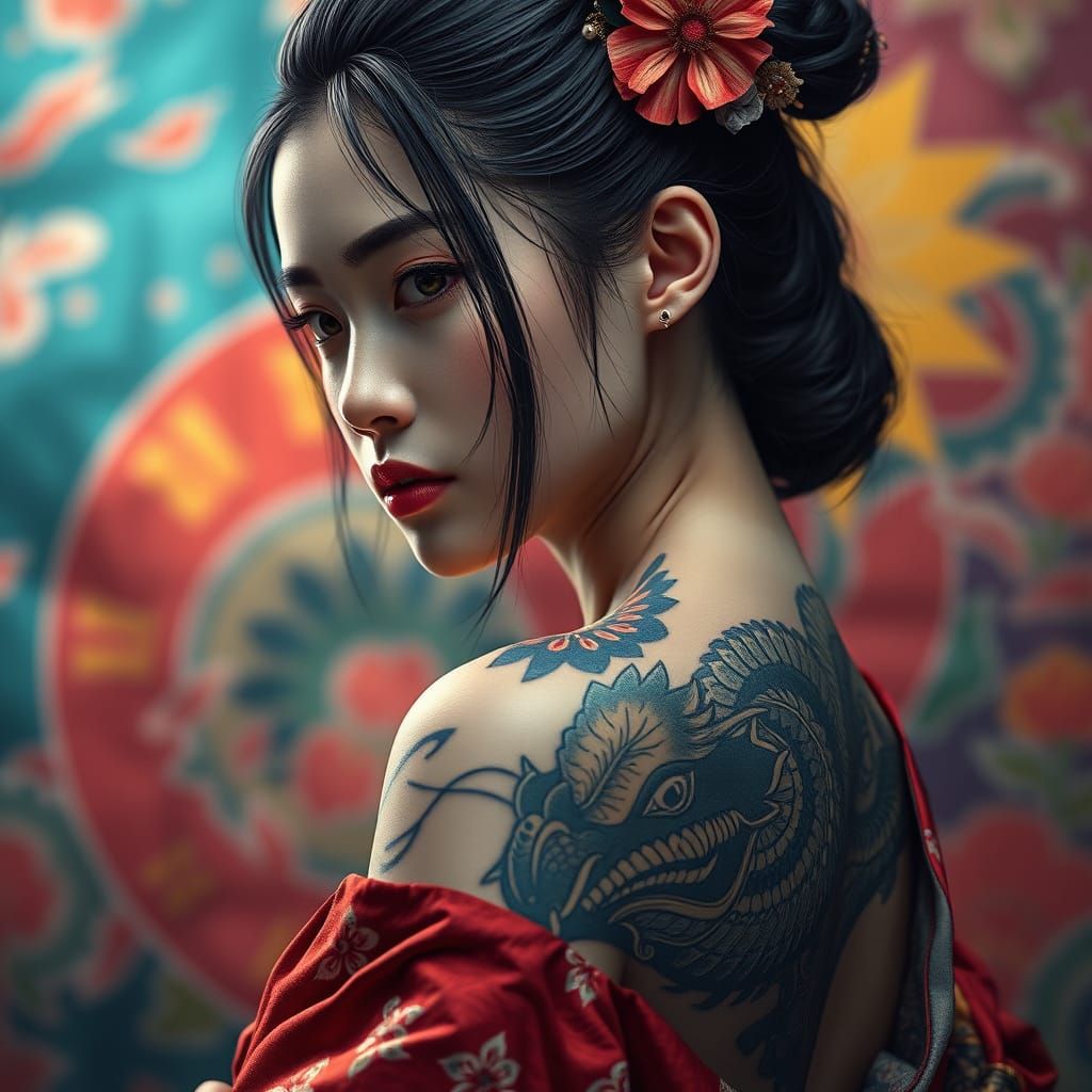 Ethereal Japanese Beauty with Dragon Tattoo in Hyperrealisti...