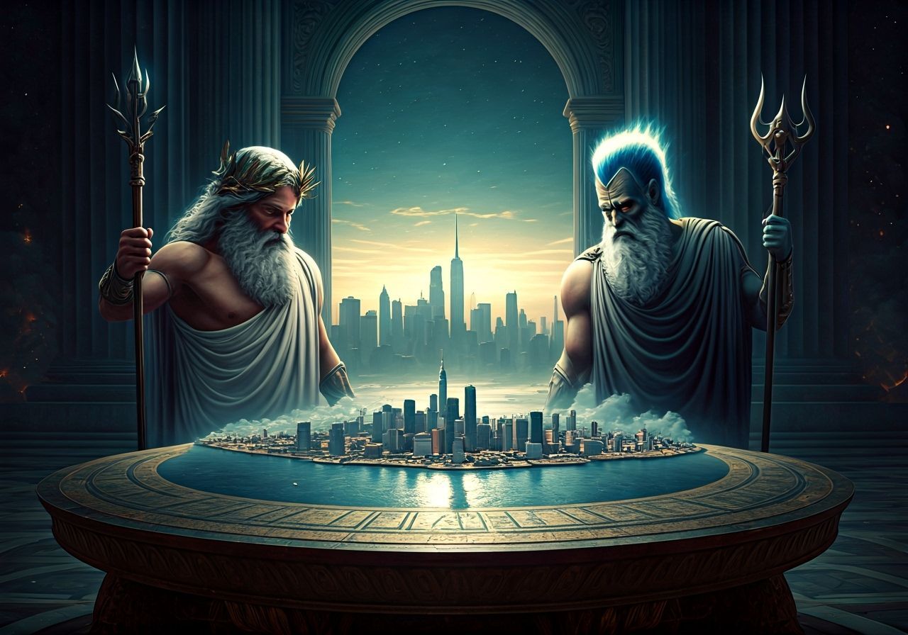 Zeus and Hades Oversee Burning Manhattan on Olympus