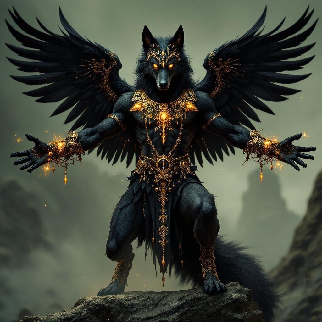 Majestic Black Werewolf with Golden Jewelry and Wings