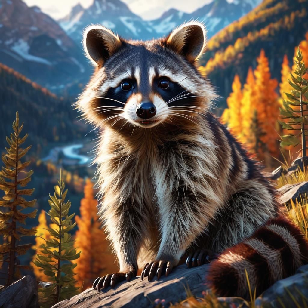 Detailed Raccoon Portrait in Mountain Landscape