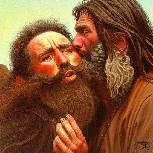 Bearded Prehistoric Men Kissing: An Oil Painting
