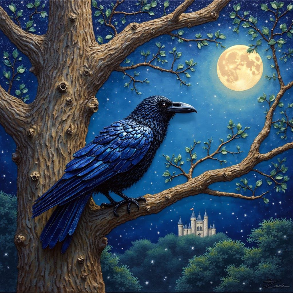 Glass Raven on Oak Branch in Pointillism Style