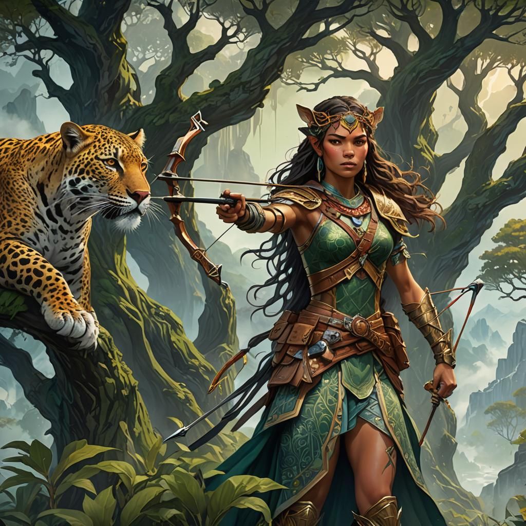 Amazon Warrior Hunts Leopard in High Fantasy Landscape