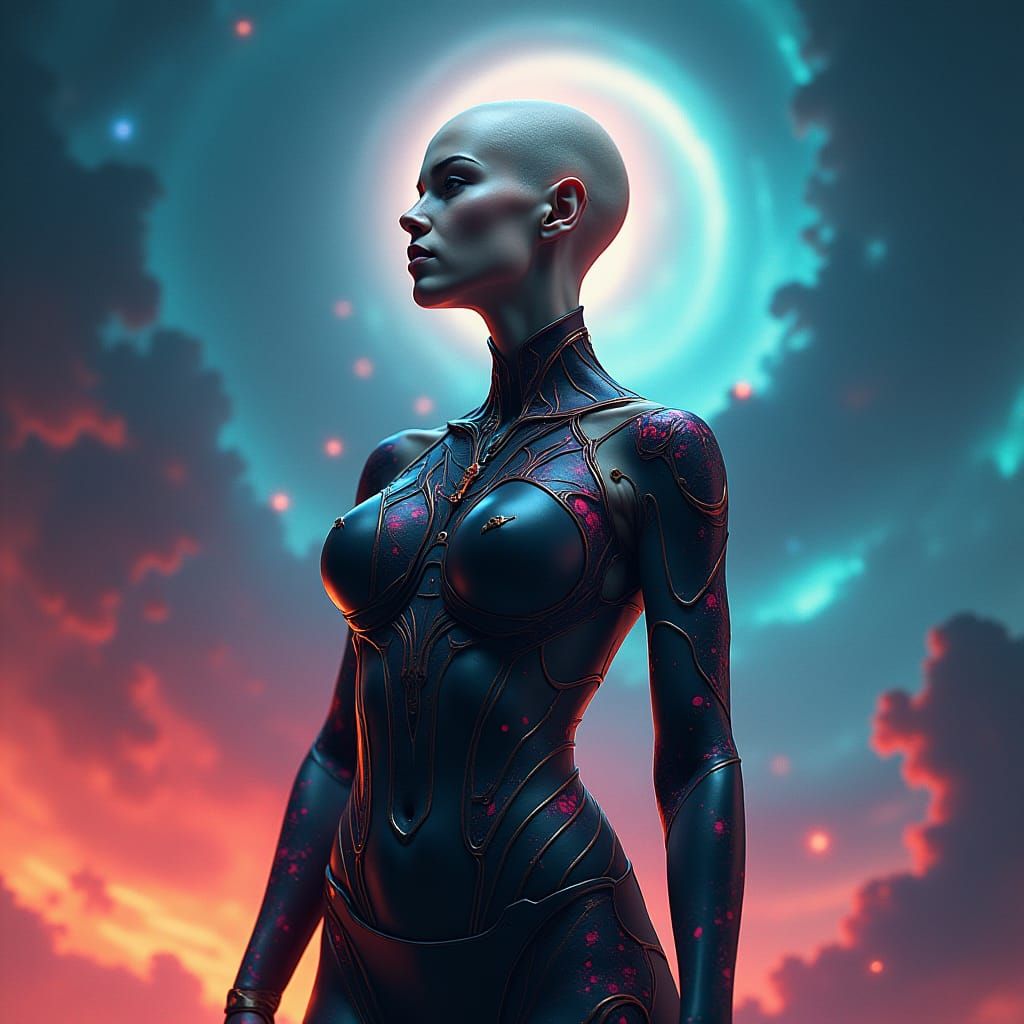 Striking Bald Woman Portrait in a Dreamlike Sci-Fi Setting