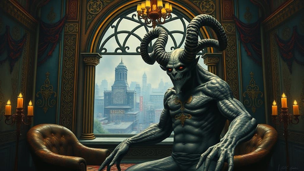 Greed Poses in Ornate Chamber as Impasto Painting