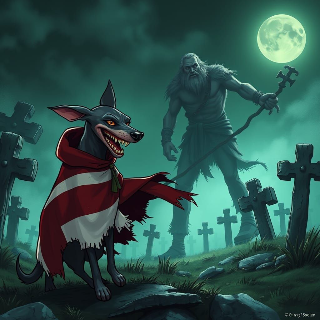 Greyhound in Dark Fantasy Cartoon Attacking a Gentle Giant