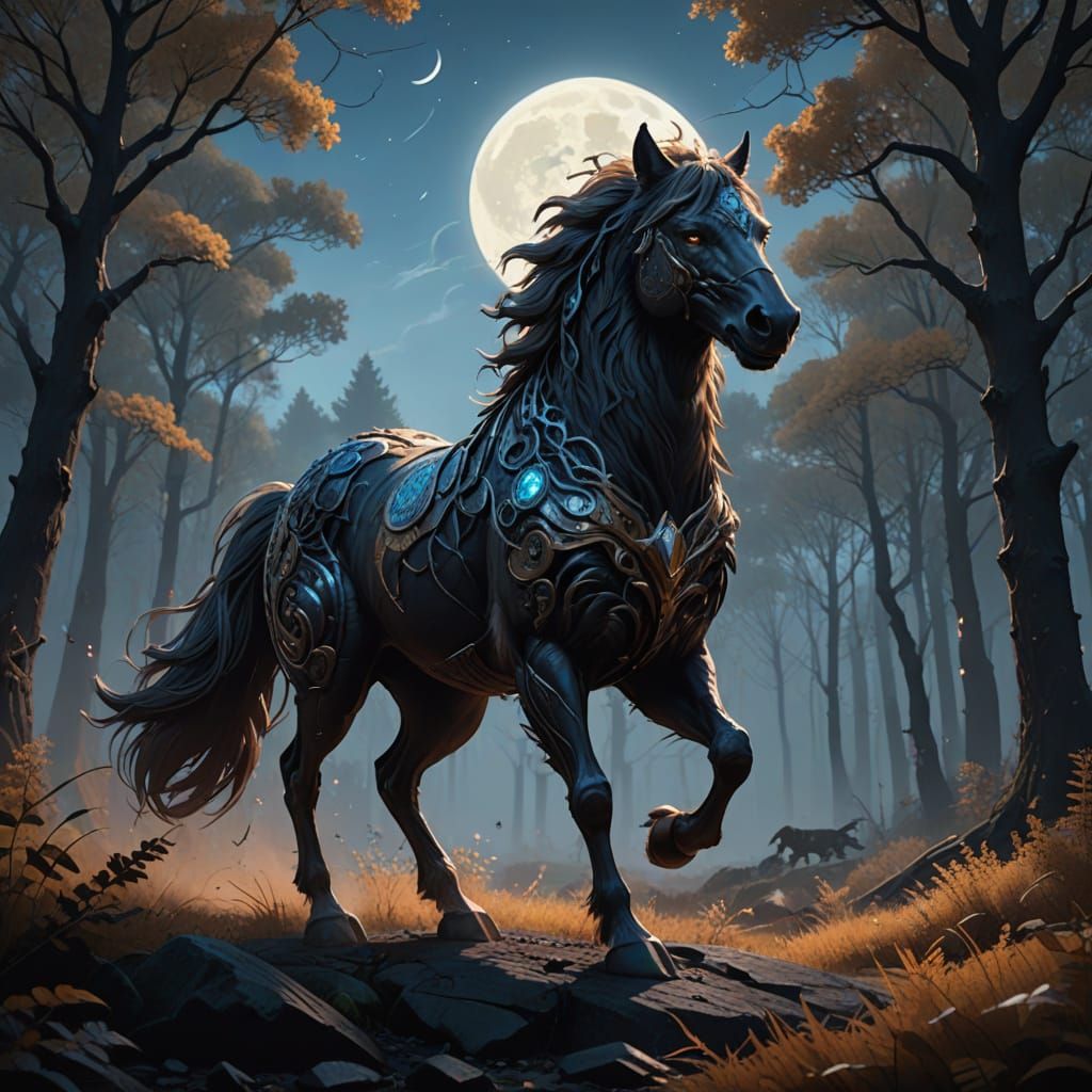 Majestic Horse Gallops Across Moonlit Landscape Pursued by a...