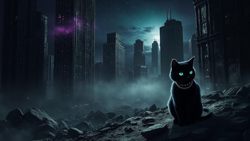 Cyberpunk Post-Apocalyptic Cat in a Dark Cityscape