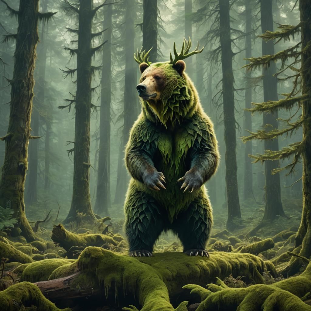 Mossy Grizzly Bear with Green Mohawk in Misty Forest