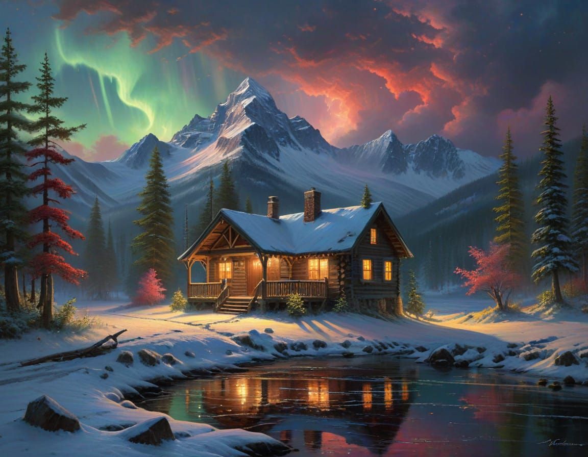 Vibrant Aurora Borealis Display Above Rustic Mountain Cabin
