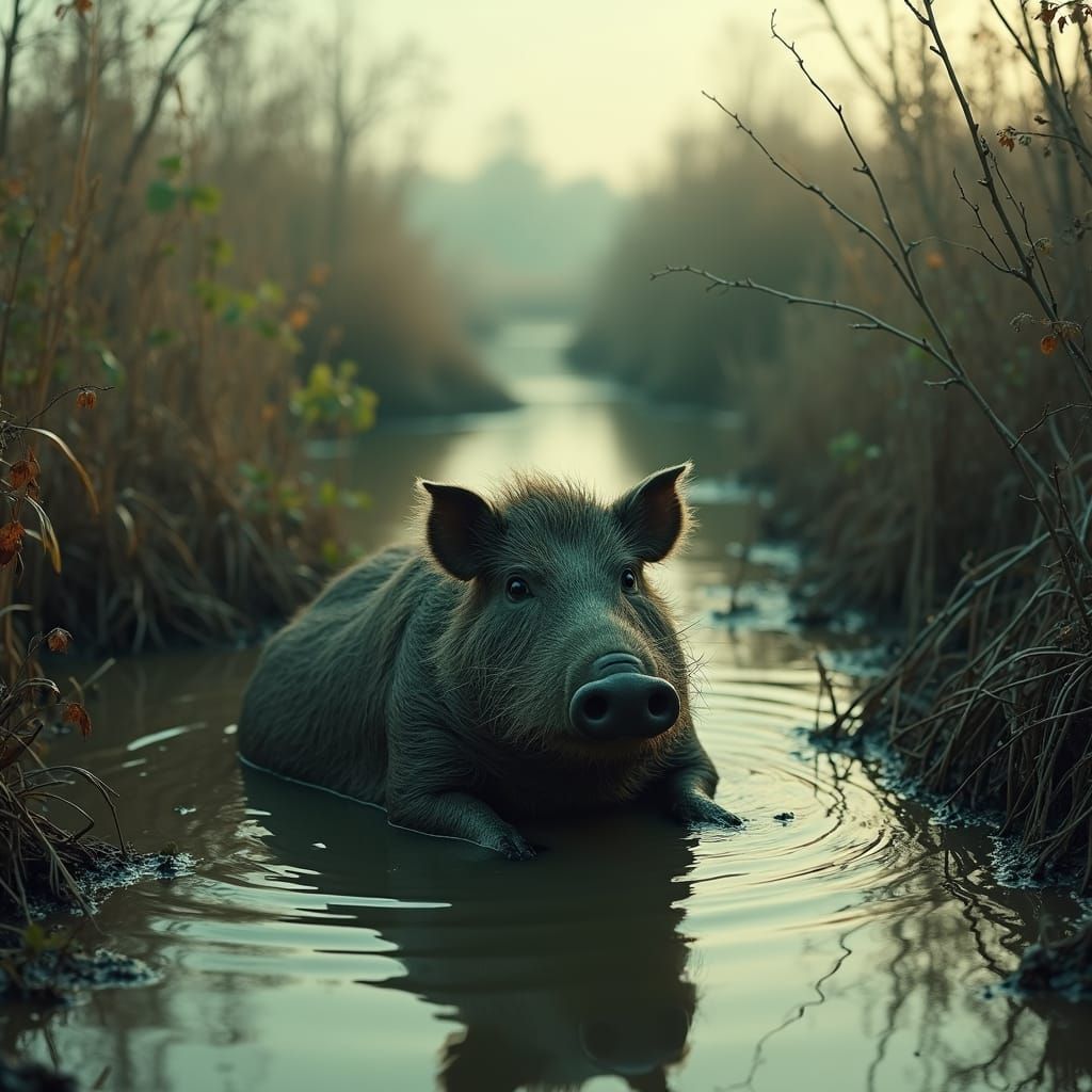 Fat Water Hog in Murky Puddle Cinematic Film Still