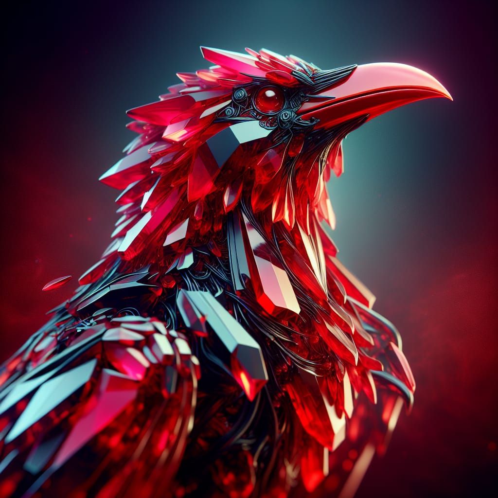 Crystalline Red Raven in Hyperrealistic Fantasy Art
