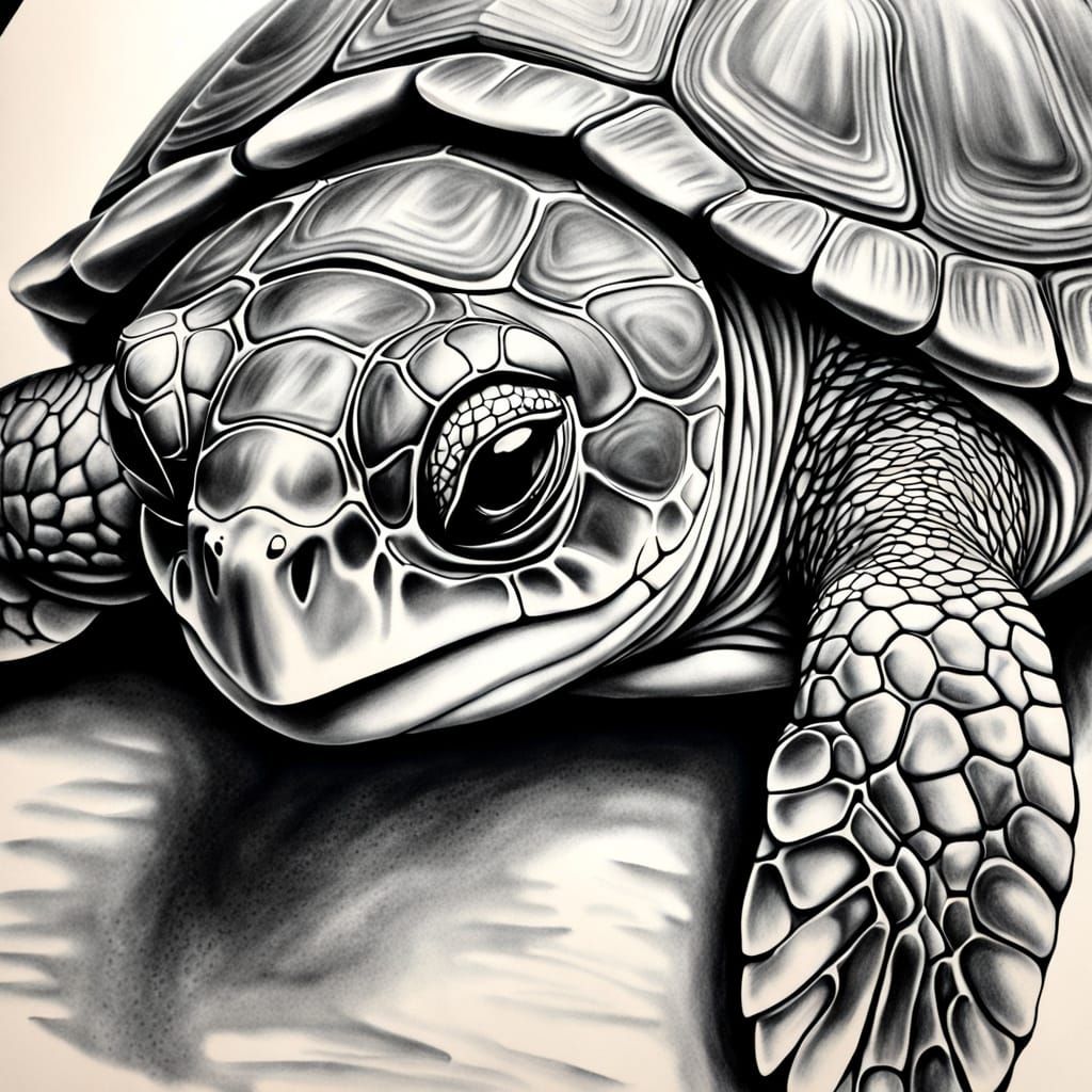 Hyperdetailed Charcoal Portrait of a Mary River Turtle